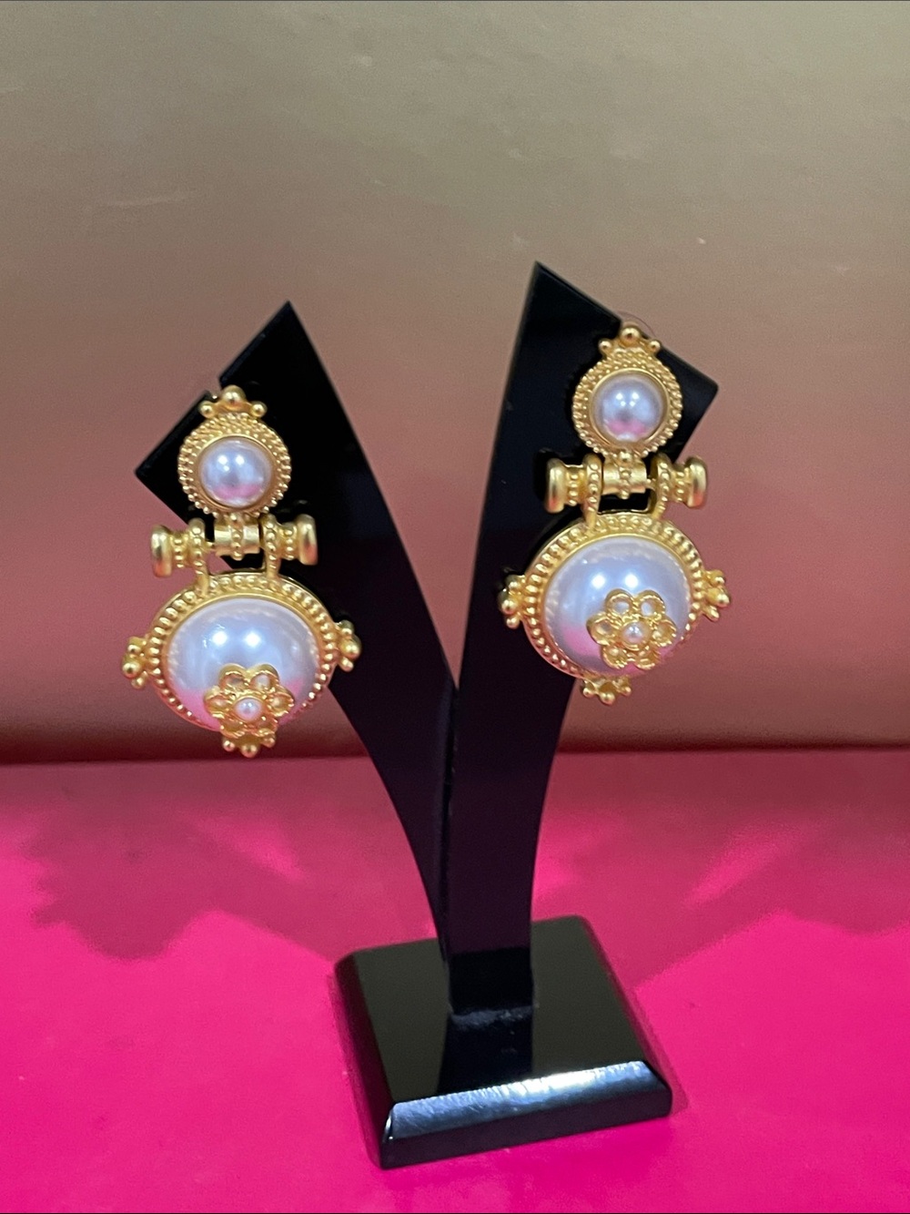 Gold Pearl Drop Earrings - Elegant Double Pearl Dangle